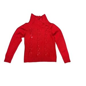 Kenar Italian Merino Wool Red Sequin Knit Funnel Neck Sweater